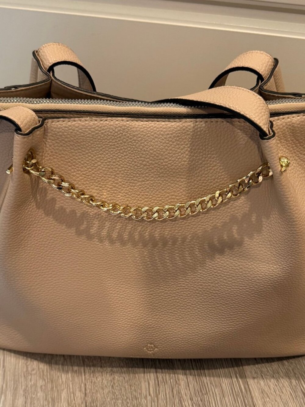 Beige Leather Tote Bag with Gold Chain Detail